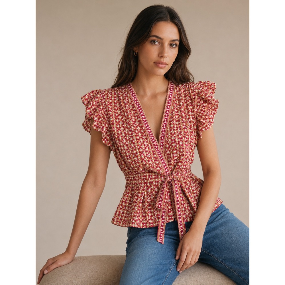 Max Studio Red Geometric Tile Print Ruffle Sleeve Tie Front Peplum Top Small NEW